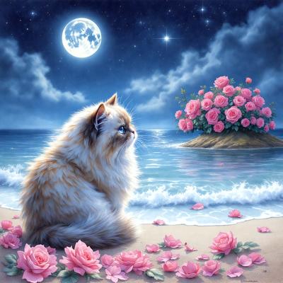 The primary subject of the image is a cat sitting on a beach. The cat is looking at a beautiful bouquet of pink flowers, which are scattered around the cat. The setting is a beach with the ocean in the background. The visual style of the image is a painting, which adds a sense of artistic expression to the scene. The dominant colors in the image are pink and blue, creating a serene and peaceful atmosphere.